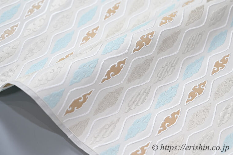 美術工芸 啓 　九寸織名古屋帯（慶雲文/白藍色×白茶色や潤色）