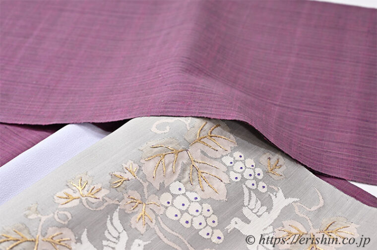 夢訪庵　フェルナンブーコ染め紬着尺のコーディネート例