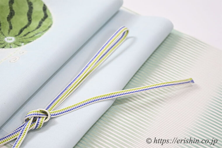 コーディネート「明石縮（段暈かし）に森健持 辻ヶ花染め夏染名古屋帯（西瓜）」