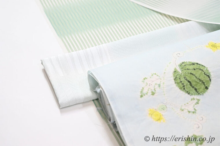 コーディネート「明石縮（段暈かし）に森健持 辻ヶ花染め夏染名古屋帯（西瓜）」