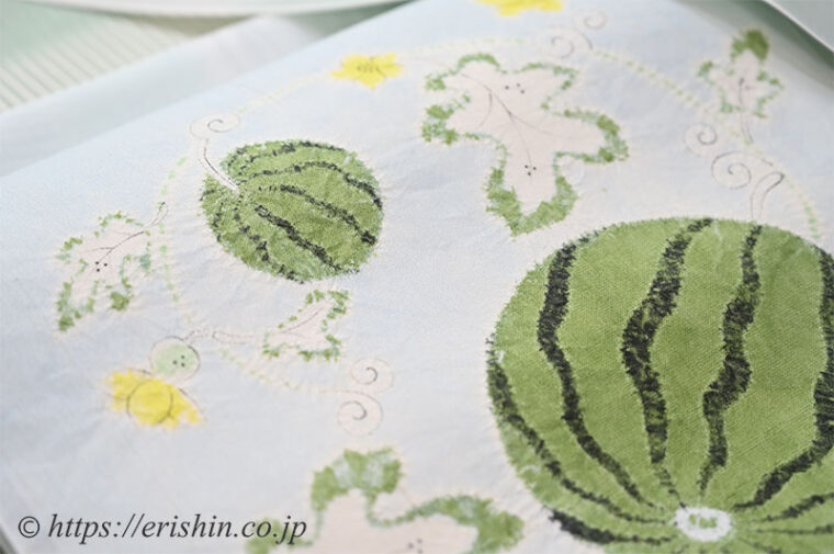 コーディネート「明石縮（段暈かし）に森健持 辻ヶ花染め夏染名古屋帯（西瓜）」