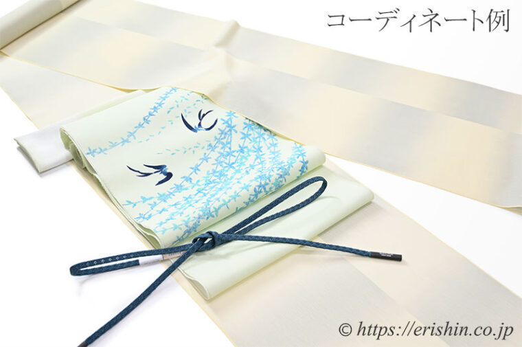 「【夏・単衣】大村幸太郎　染名古屋帯（柳に燕/紗紬）」と明石縮とのコーディネート例