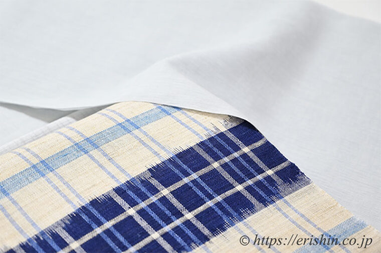 小千谷縮のコーディネート「小千谷縮（無地/白鼠色）に麻八寸織名古屋帯（ずらし格子）」