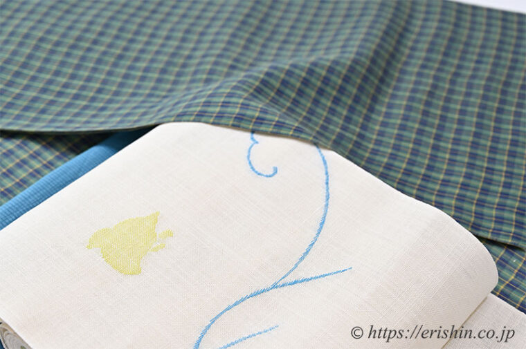 旬のお勧めコーディネート「小千谷縮のコーディネート　波千鳥の麻八寸帯と」