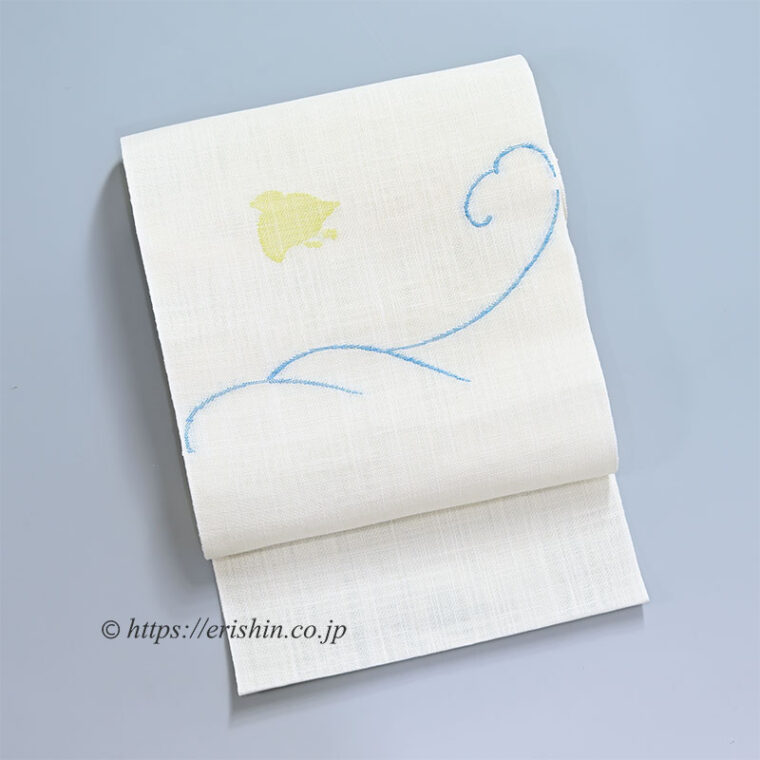 八寸織名古屋帯（波千鳥・白地/麻）[夏・単衣向]