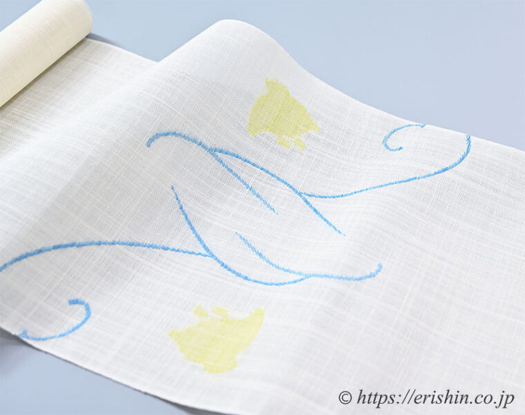 八寸織名古屋帯（波千鳥・白地/麻）[夏・単衣向]　前（原）の柄