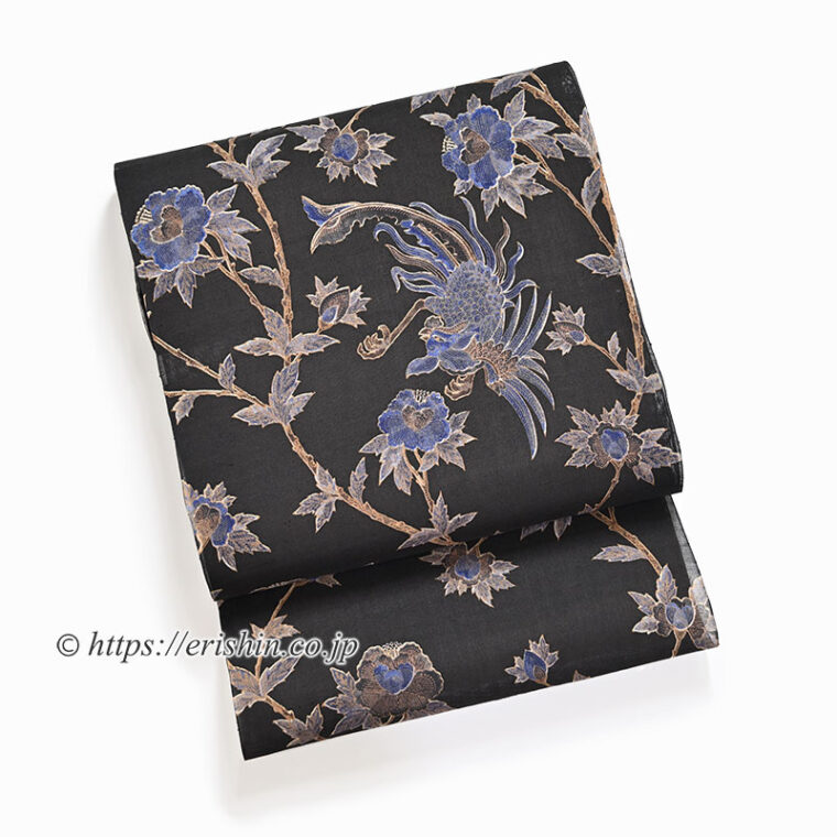 染名古屋帯 (ガルーダ更紗/鉄黒・生紬）