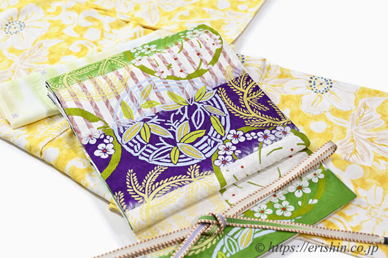 旬のお勧めコーディネート「華やかに　きものSalon掲載総柄小紋に熨斗目の帯で」