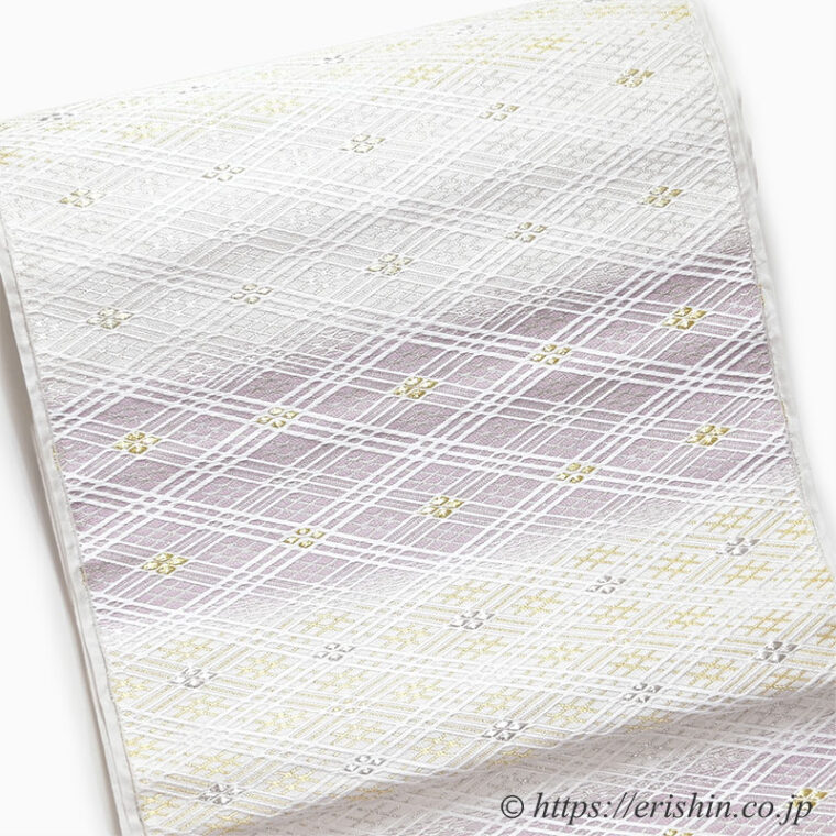 美術工芸 啓　九寸織名古屋帯（載金菱文/白に白藤色）