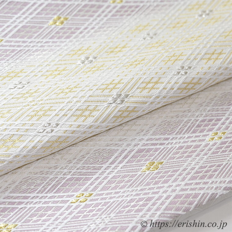 美術工芸 啓　九寸織名古屋帯（載金菱文/白に白藤色）