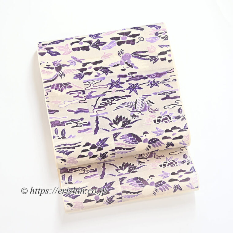 裂取花鳥文 染名古屋帯（多ち花/摺型友禅）