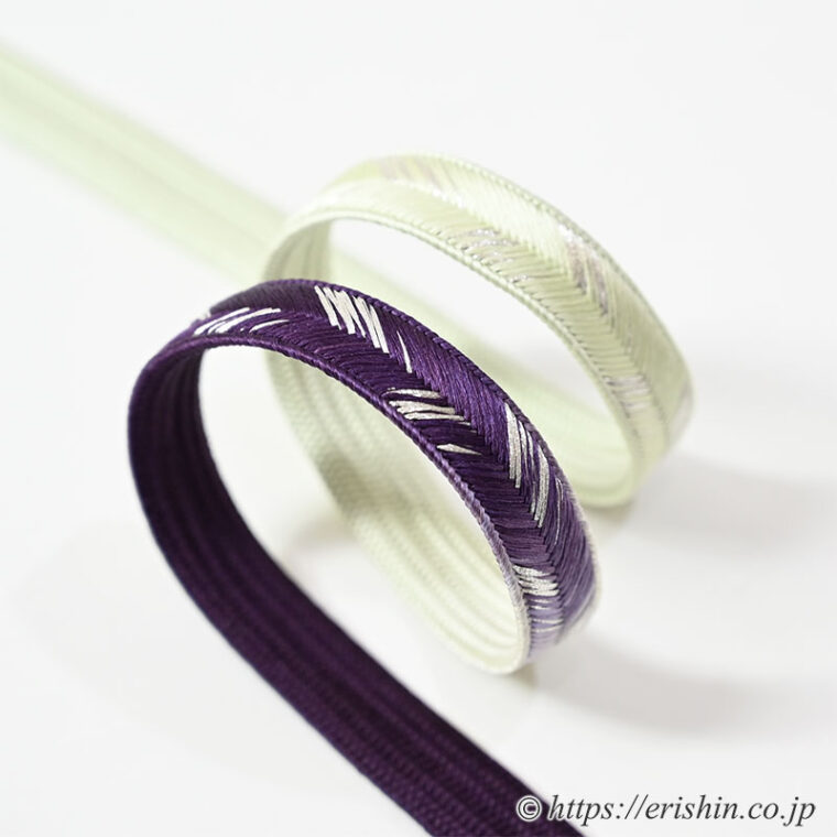 帯締め　笹波組（暈かし銀散らし/白緑色×深紫色）　和小物さくら