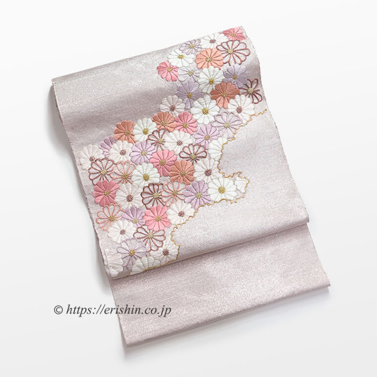 夢訪庵　九寸織名古屋帯（撚金箔/菊詰・刺繍）