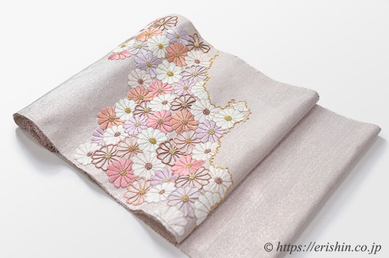 夢訪庵　九寸織名古屋帯（撚金箔/菊詰・刺繍）