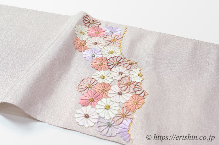 夢訪庵　九寸織名古屋帯（撚金箔/菊詰・刺繍）