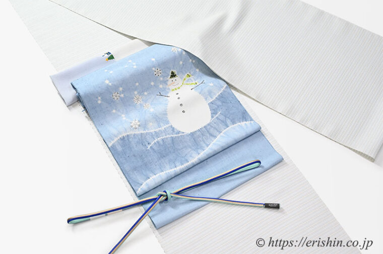 旬のお勧めコーディネート「下井紬に森健持作 辻ヶ花染め名古屋帯（スノーマン/雪だるま」
