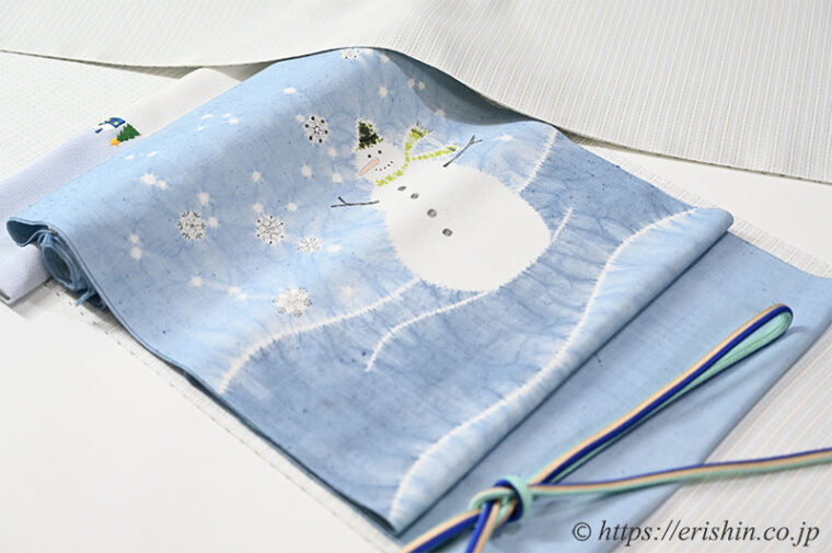 旬のお勧めコーディネート「下井紬に森健持作 辻ヶ花染め名古屋帯（スノーマン/雪だるま」