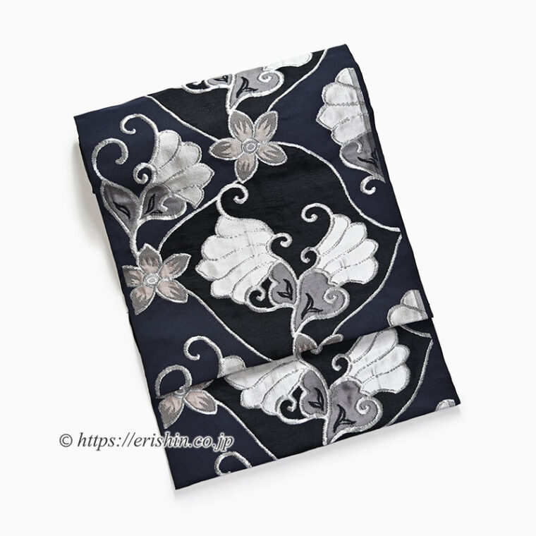 洛風林　九寸織名古屋帯（マグノリアの花/黒橡色）
