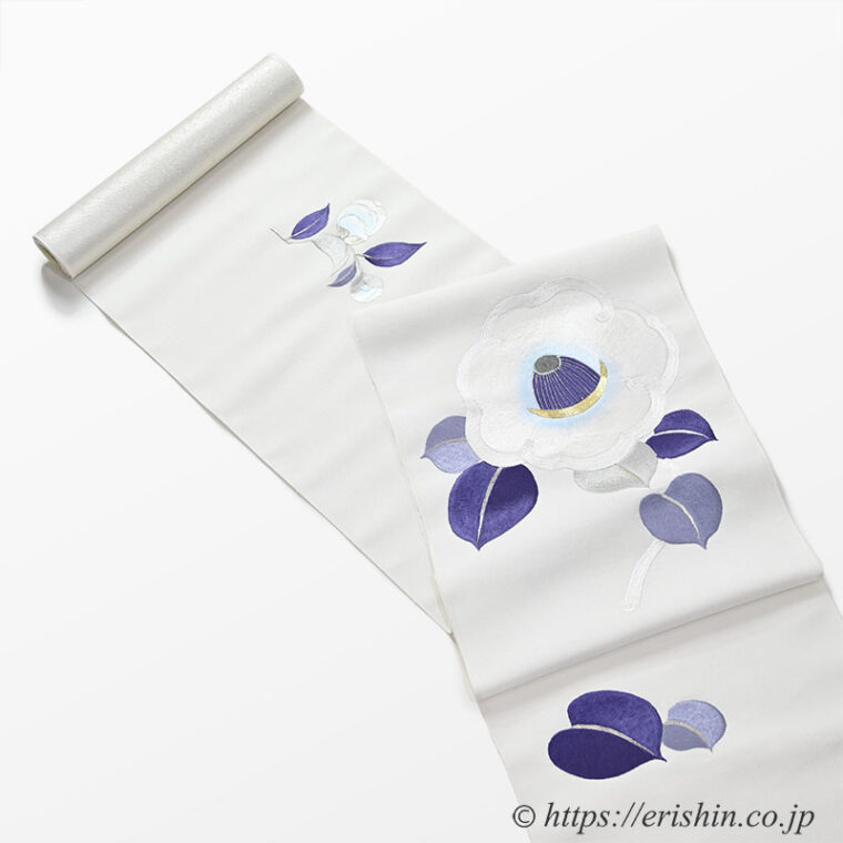 刺繍九寸名古屋帯（大椿/白練色）　野口