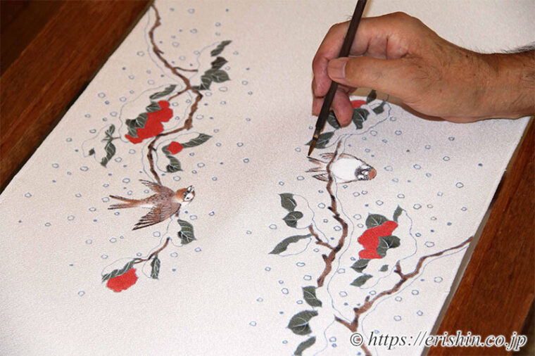 えり新オリジナル　染名古屋帯（寒中椿に雀）