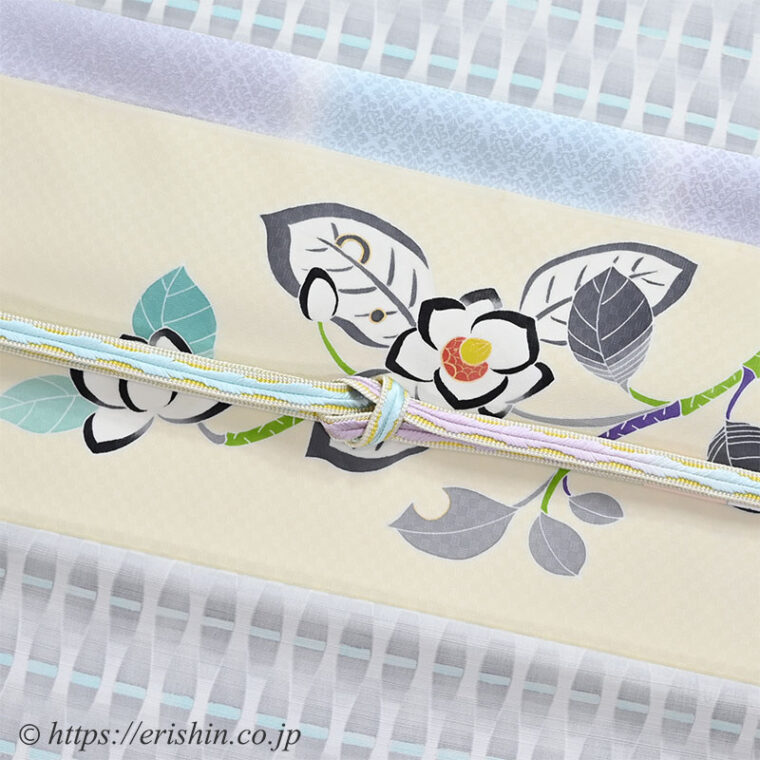 旬のお勧めコーディネート「優しいグレイの立涌小紋に湯本エリ子 染名古屋帯」パステル調の小物でコーディネート