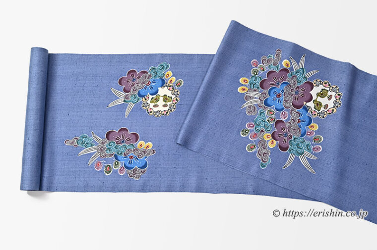 宮城里子　本紅型九寸染名古屋帯（梅に雲）/上田紬地