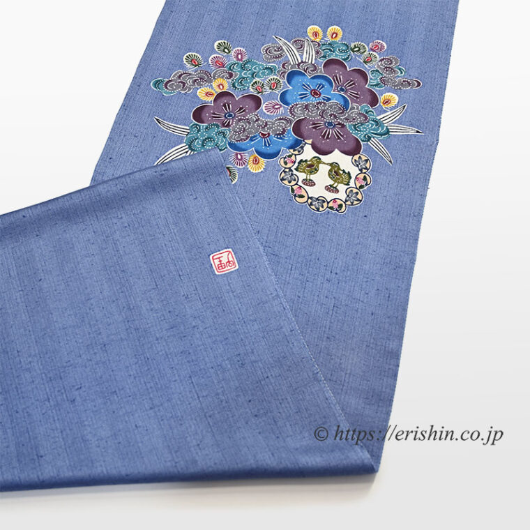 宮城里子　本紅型九寸染名古屋帯（梅に雲）/上田紬地