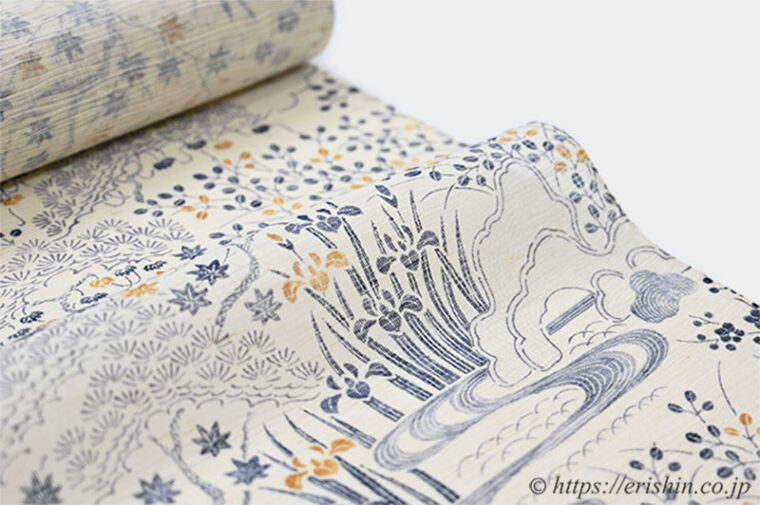 多ち花　夏付下小紋（茶屋辻小袖/藍に鼈甲色・波筬絽生紬地）