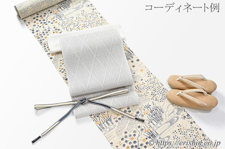 「夏帯　北村武資　羅八寸名古屋帯（上品羅/薄グレイ）」のコーディネート例