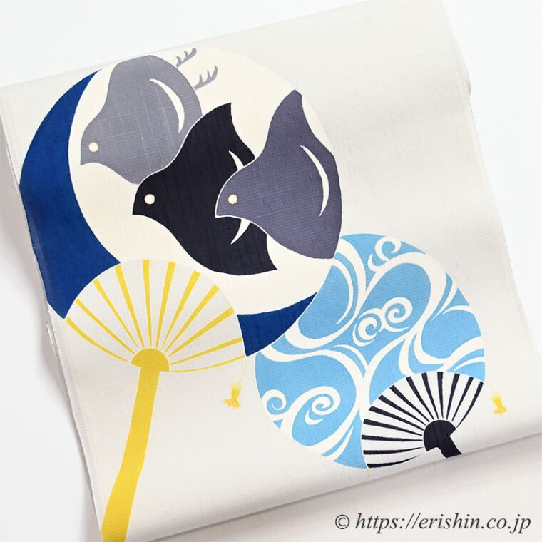 湯本エリ子　夏染名古屋帯（団扇に流水千鳥）