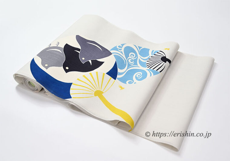 湯本エリ子　夏染名古屋帯（団扇に流水千鳥）