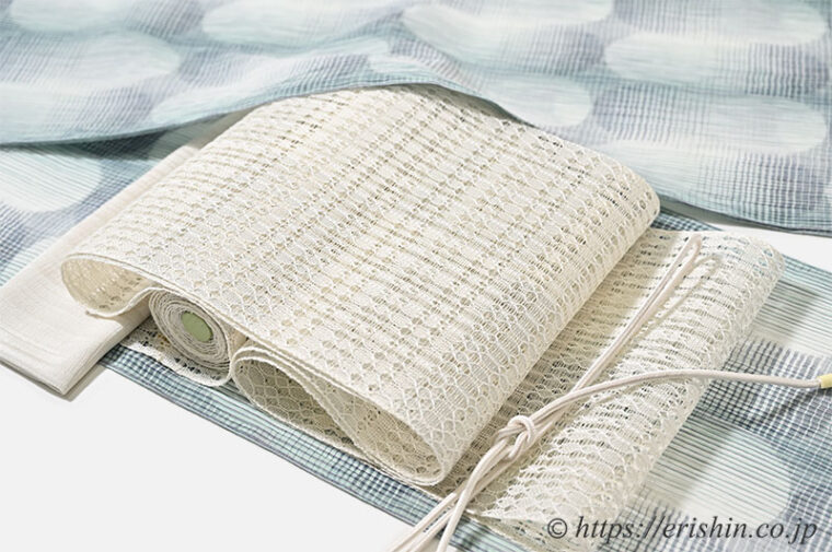 コーディネート「水玉絣暈かしの小千谷縮に羅の八寸名古屋帯」