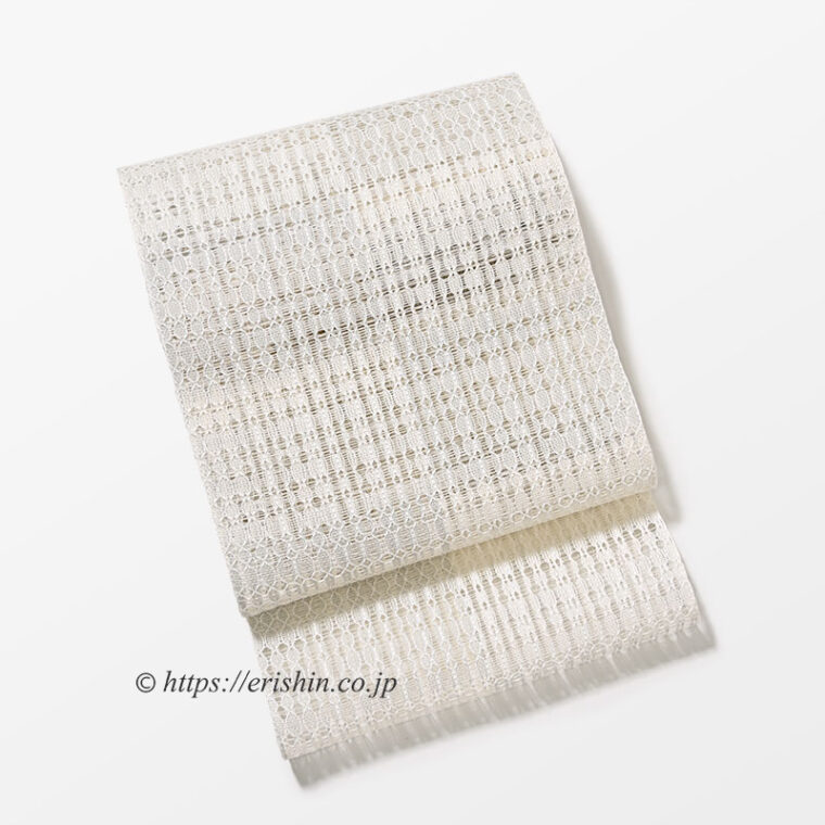 八寸織名古屋帯（変わり羅/白練色と白鼠の格子）