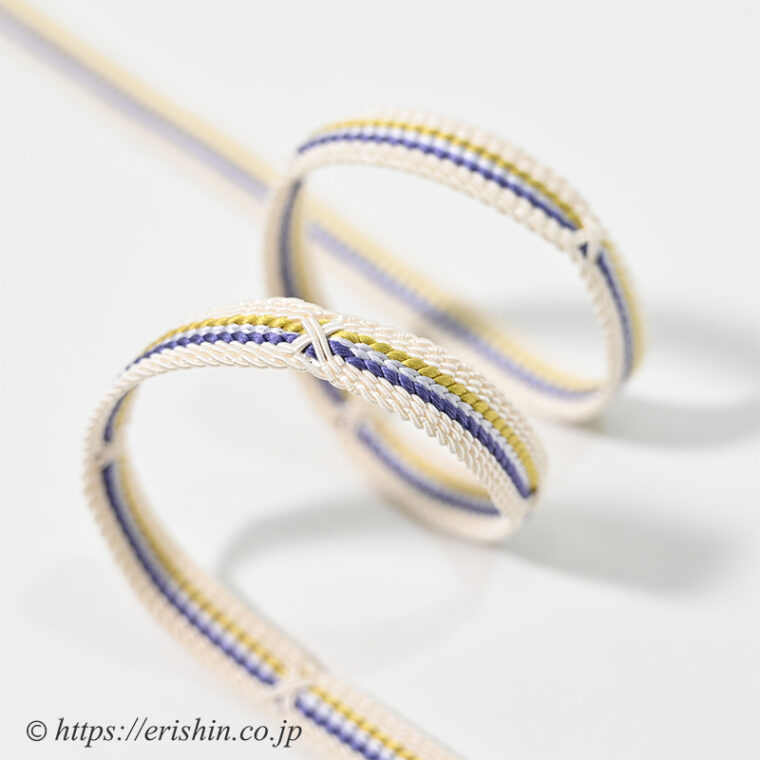 帯締め　レース組（四色縞にクロス/白練×芥子×桔梗×月白色）[夏・単衣向]