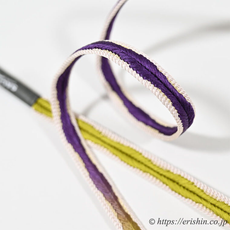 帯締め　綾竹大和木ノ葉通し（深紫色×渋く華やかな鶸色）