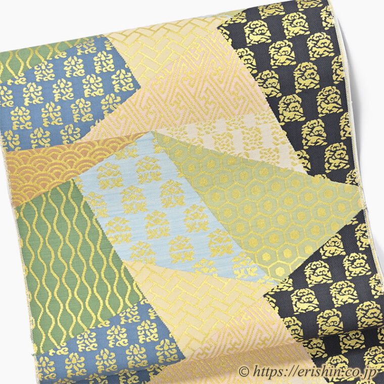 勝山健史　九寸織名古屋帯（古裂集め）