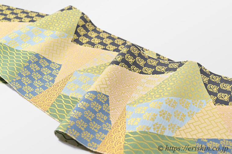 勝山健史　九寸織名古屋帯（古裂集め）
