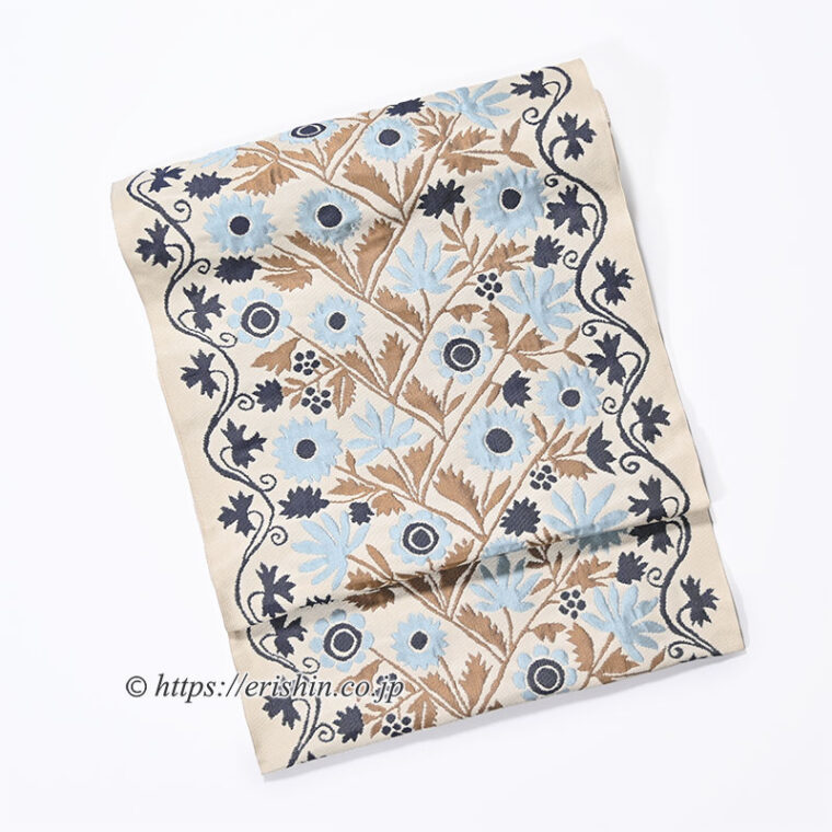 洛風林　九寸織名古屋帯（ウクライナ縫花文/白茶色）