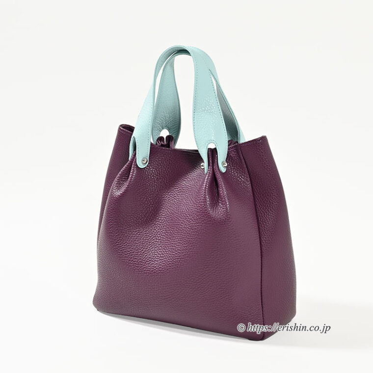 和小物さくら 牛革シュリンクギャザーバッグ（レーズン×水色）「着物・呉服えり新」