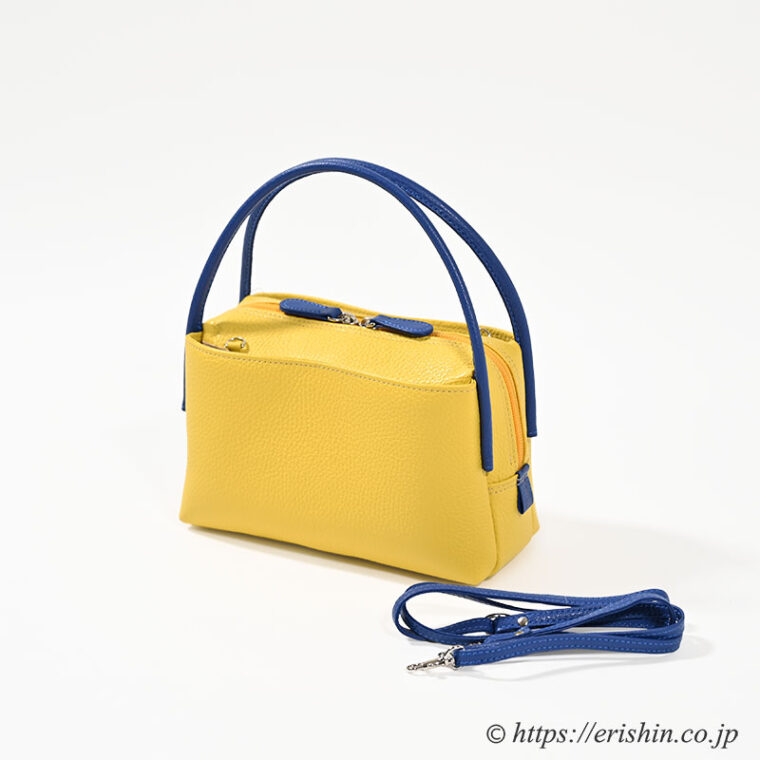 和小物さくら　牛革シュリンクバッグ Petit（向日葵色×群青色/ショルダーストラップ付き）「着物・呉服えり新」