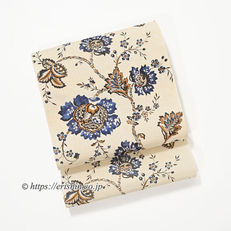 ち花　染名古屋帯（大花更紗・山吹茶に藍/生紬）