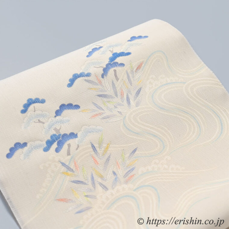 染名古屋帯（白波に葦と松の情景/東京友禅）[夏・単衣向]