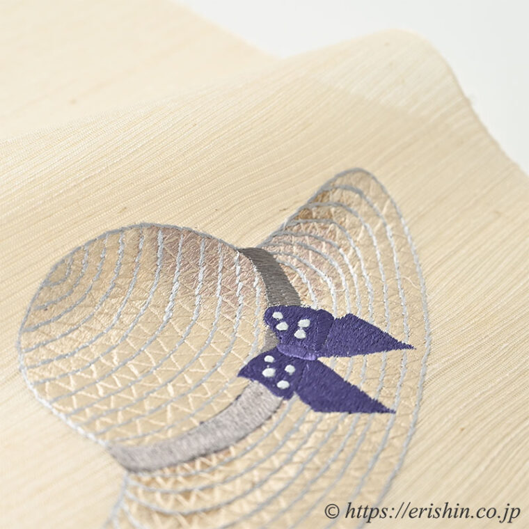 刺繍名古屋帯（麦わら帽子/絽生紬地）[夏・単衣向]