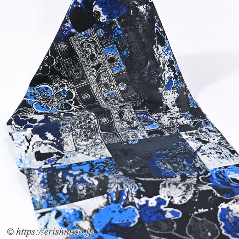誉田屋源兵衛 浴衣（碧の楽園/黒×青×箔・綿麻）広巾