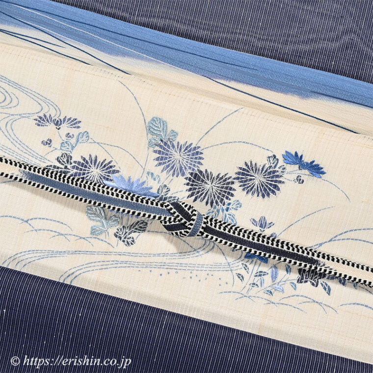 旬のお勧めコーディネート「虫籠の染帯で夏の情景を楽しんで　白たか上布に御所解の帯」