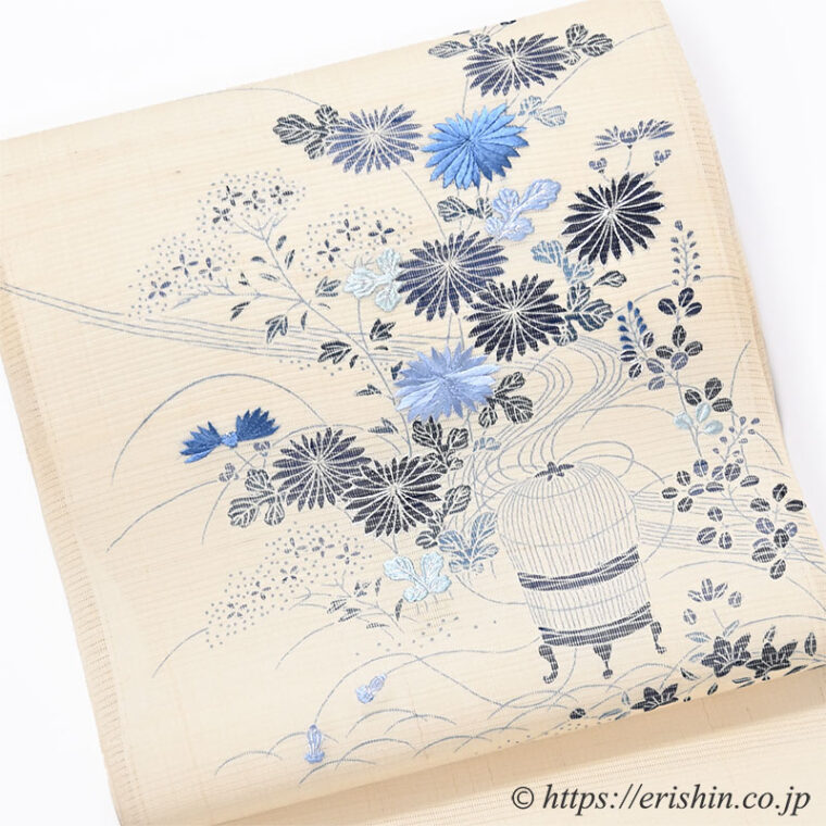 染名古屋帯（虫籠に御所解/絽生紬）[夏・単衣]