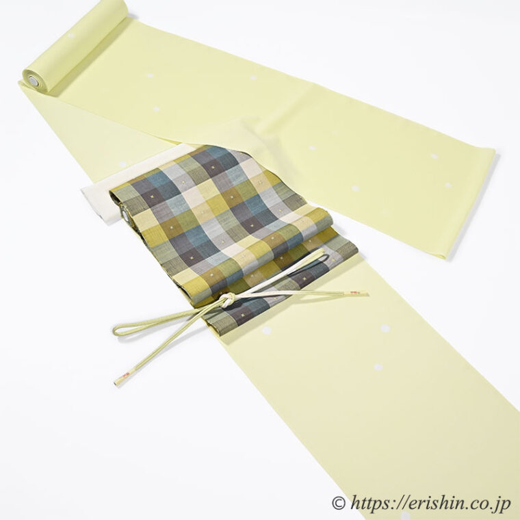 　旬のお勧めコーディネート「えり新オリジナル絞り小紋に小名木さんの木漏れ日の帯」