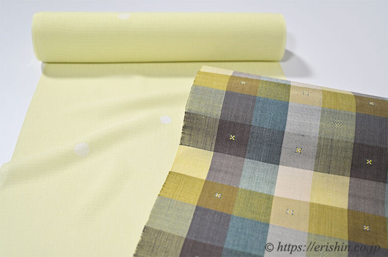 旬のお勧めコーディネート「えり新オリジナル絞り小紋に小名木さんの木漏れ日の帯」