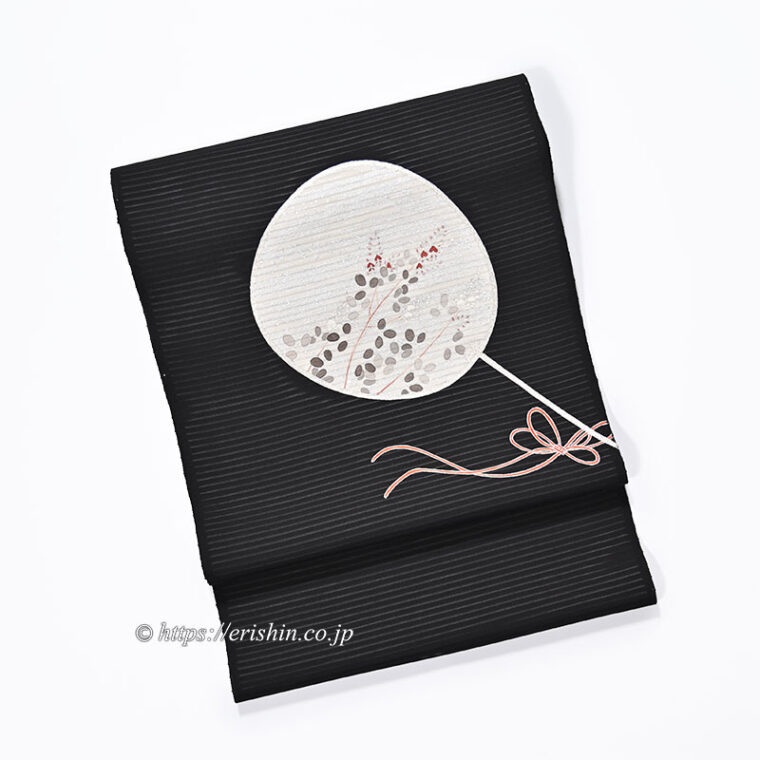 染名古屋帯（団扇秋草/墨黒・絽）[夏・単衣向]