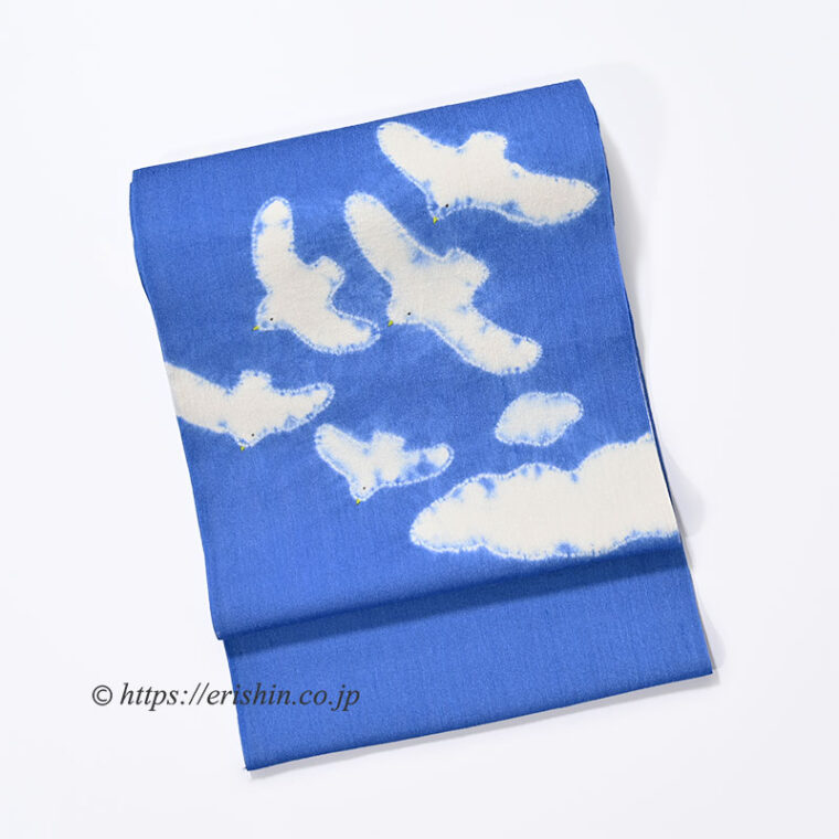 森健持　染名古屋帯（青空に飛ぶカモメ・辻ケ花/夏紬地）[夏・単衣向]